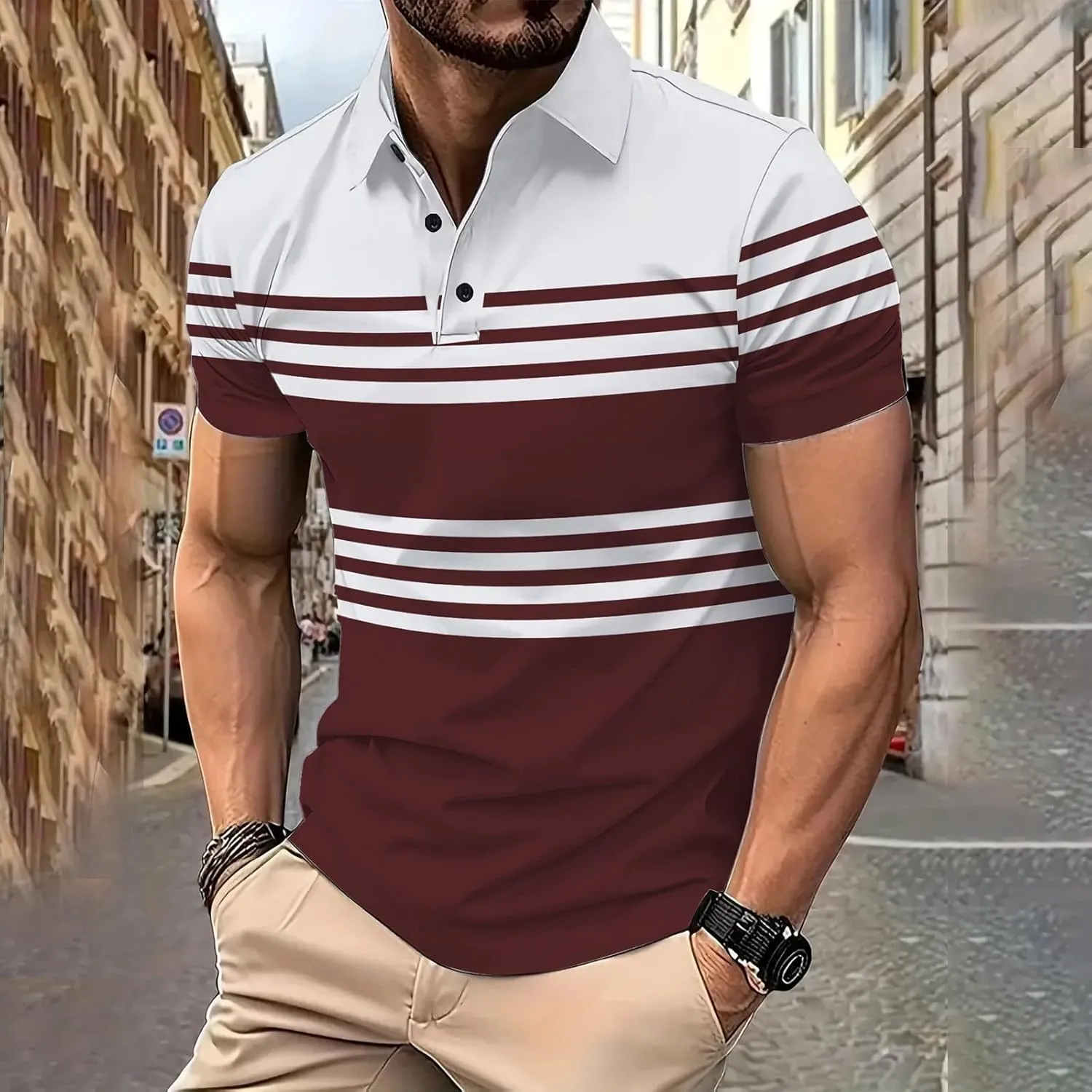 Men's Striped Polo Shirt Short Sleeve Casual Collared Golf Tennis Shirts Classic Slim Fit T-Shirts for Men