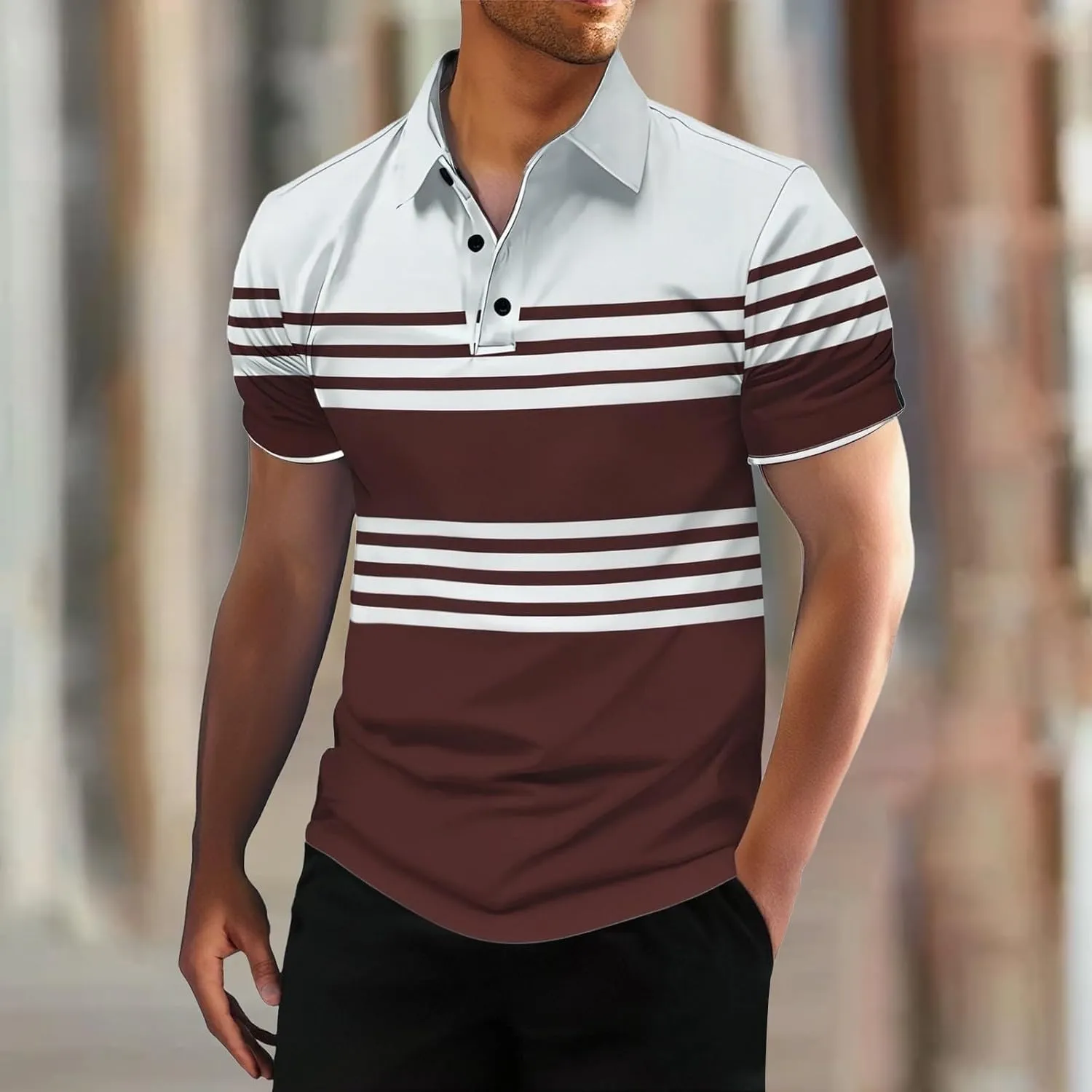 Men's Striped Polo Shirt Short Sleeve Casual Collared Golf Tennis Shirts Classic Slim Fit T-Shirts for Men