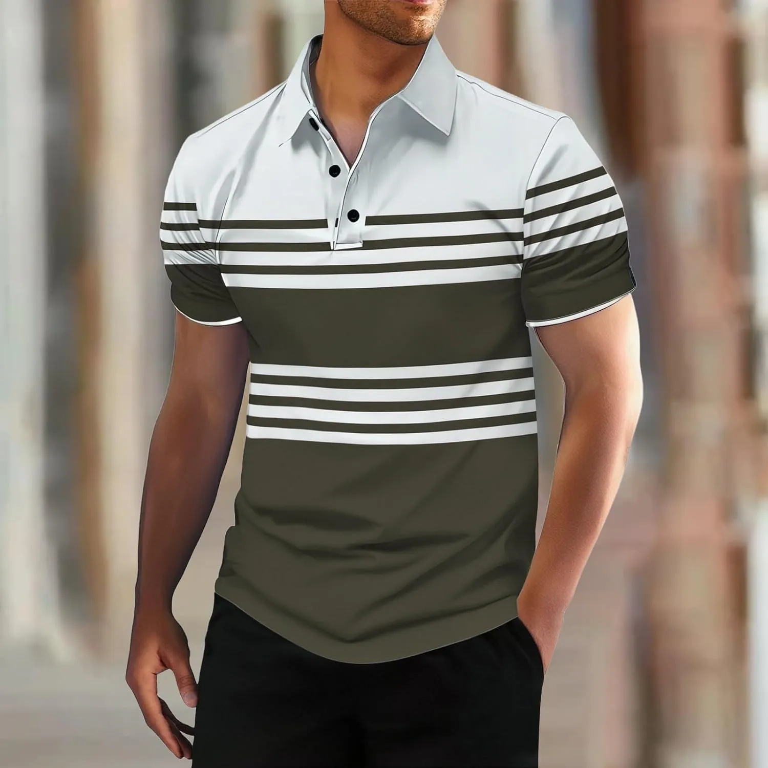 Men's Striped Polo Shirt Short Sleeve Casual Collared Golf Tennis Shirts Classic Slim Fit T-Shirts for Men