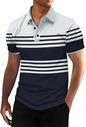 Men's Striped Polo Shirt Short Sleeve Casual Collared Golf Tennis Shirts Classic Slim Fit T-Shirts for Men