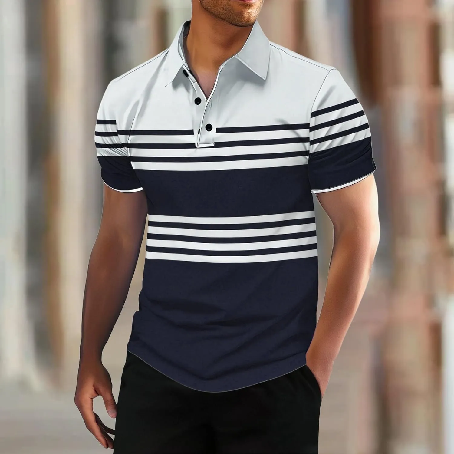 Men's Striped Polo Shirt Short Sleeve Casual Collared Golf Tennis Shirts Classic Slim Fit T-Shirts for Men