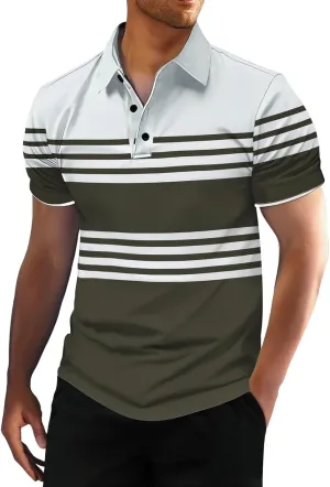 Men's Striped Polo Shirt Short Sleeve Casual Collared Golf Tennis Shirts Classic Slim Fit T-Shirts for Men