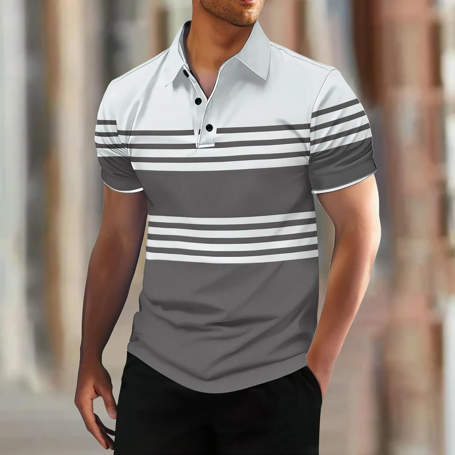 Men's Striped Polo Shirt Short Sleeve Casual Collared Golf Tennis Shirts Classic Slim Fit T-Shirts for Men