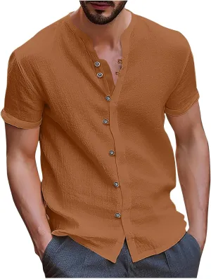 Men's T-Shirts Cotton Linen Short Sleeve Button Down Shirt Summer Loose Fit Solid Business Casual Shirts Beach Shirt