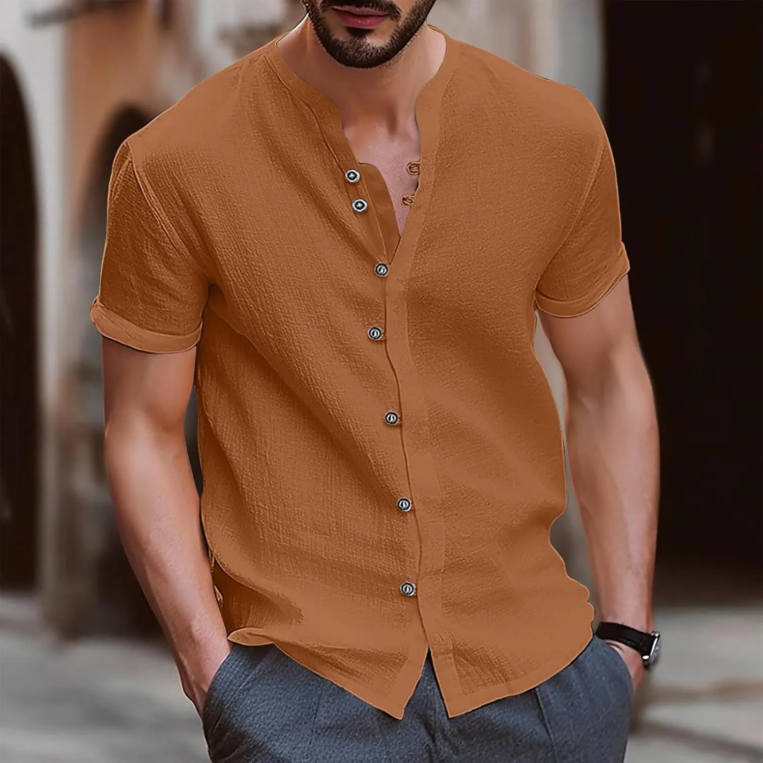 Men's T-Shirts Cotton Linen Short Sleeve Button Down Shirt Summer Loose Fit Solid Business Casual Shirts Beach Shirt
