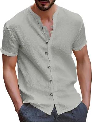Men's T-Shirts Cotton Linen Short Sleeve Button Down Shirt Summer Loose Fit Solid Business Casual Shirts Beach Shirt