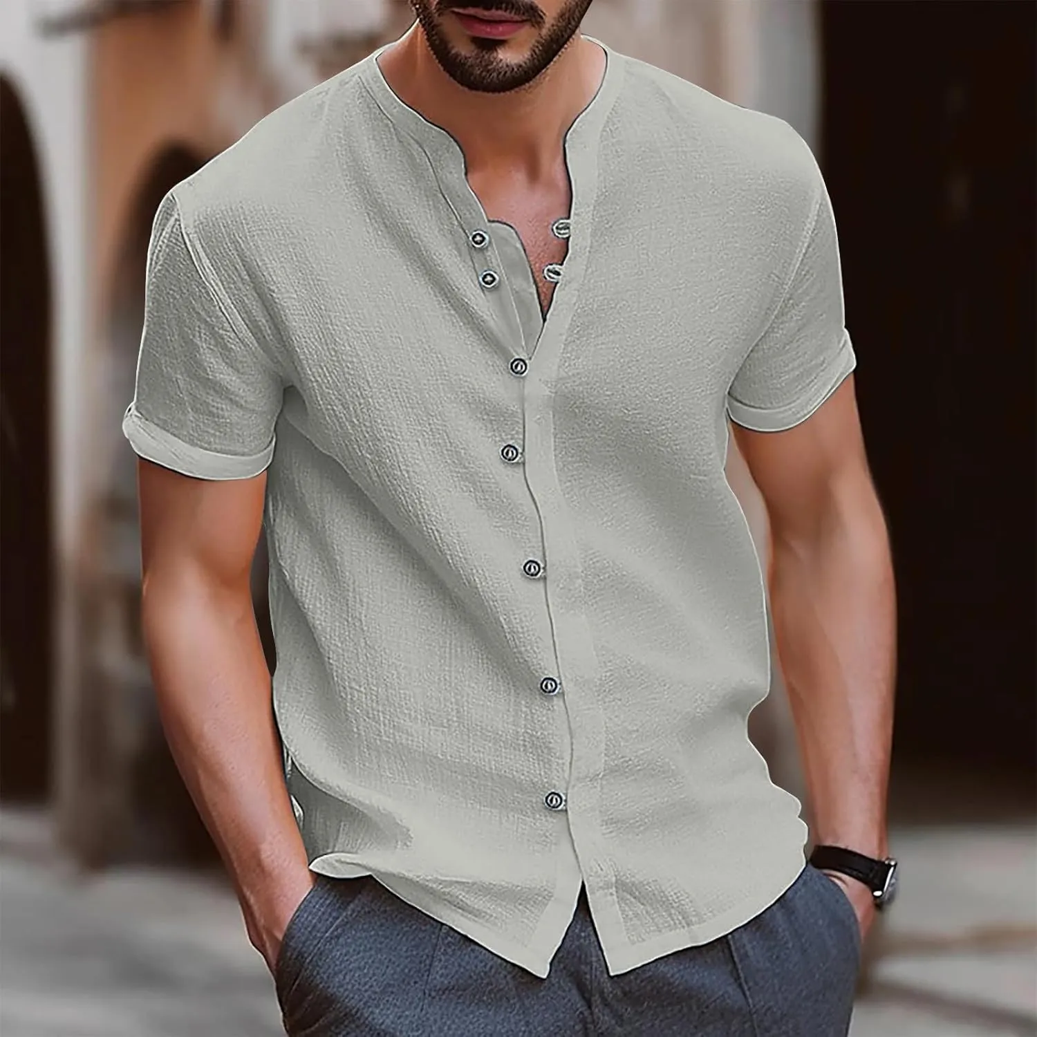Men's T-Shirts Cotton Linen Short Sleeve Button Down Shirt Summer Loose Fit Solid Business Casual Shirts Beach Shirt
