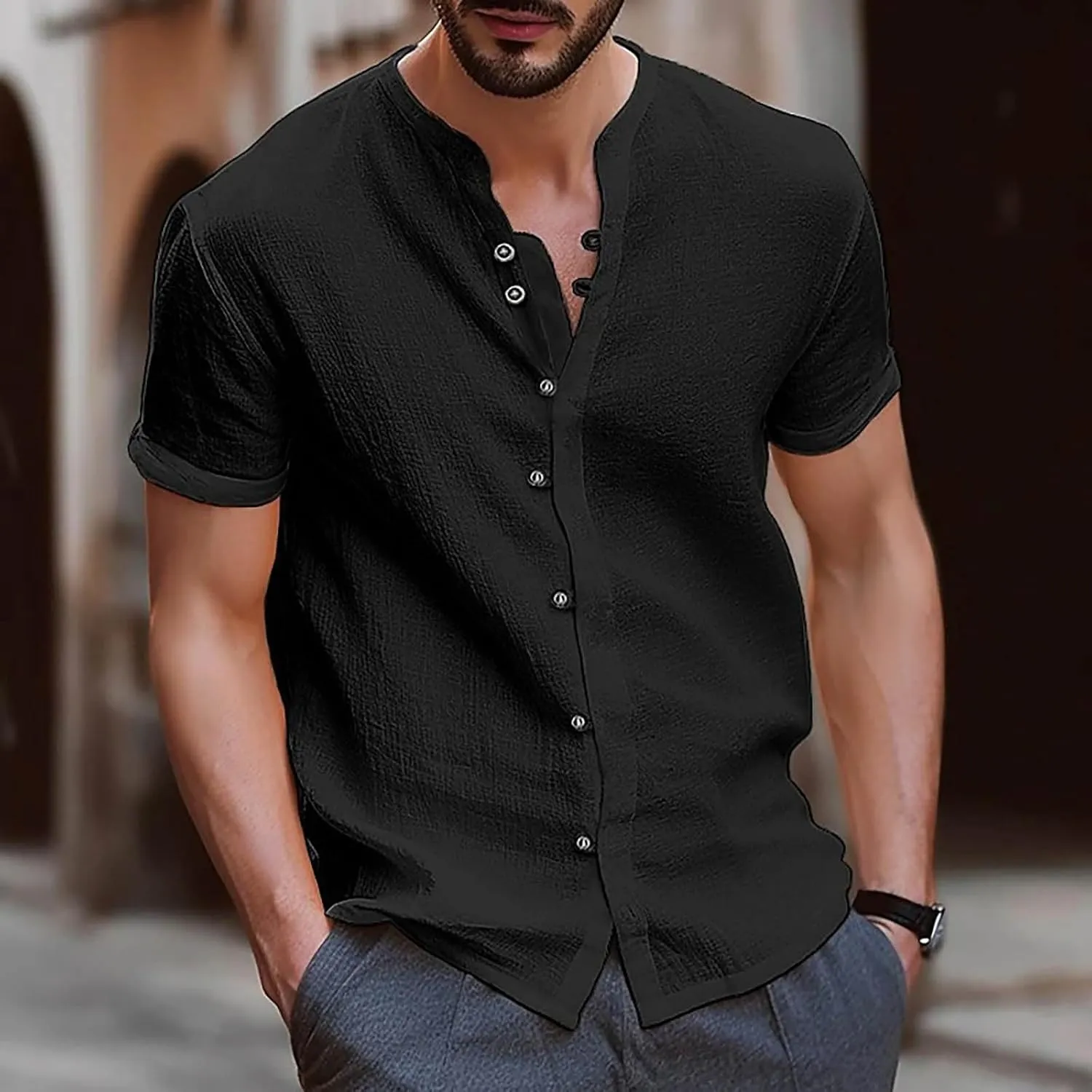 Men's T-Shirts Cotton Linen Short Sleeve Button Down Shirt Summer Loose Fit Solid Business Casual Shirts Beach Shirt