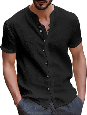 Men's T-Shirts Cotton Linen Short Sleeve Button Down Shirt Summer Loose Fit Solid Business Casual Shirts Beach Shirt
