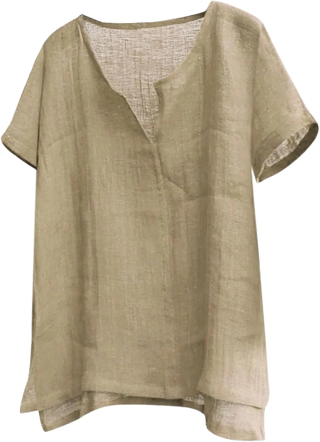 Mens V-Neck Henley Shirt Short Sleeve Collarless T Shirt Cotton Linen Solid Color Shirts Plus Size Fit Flowy Beach Tops