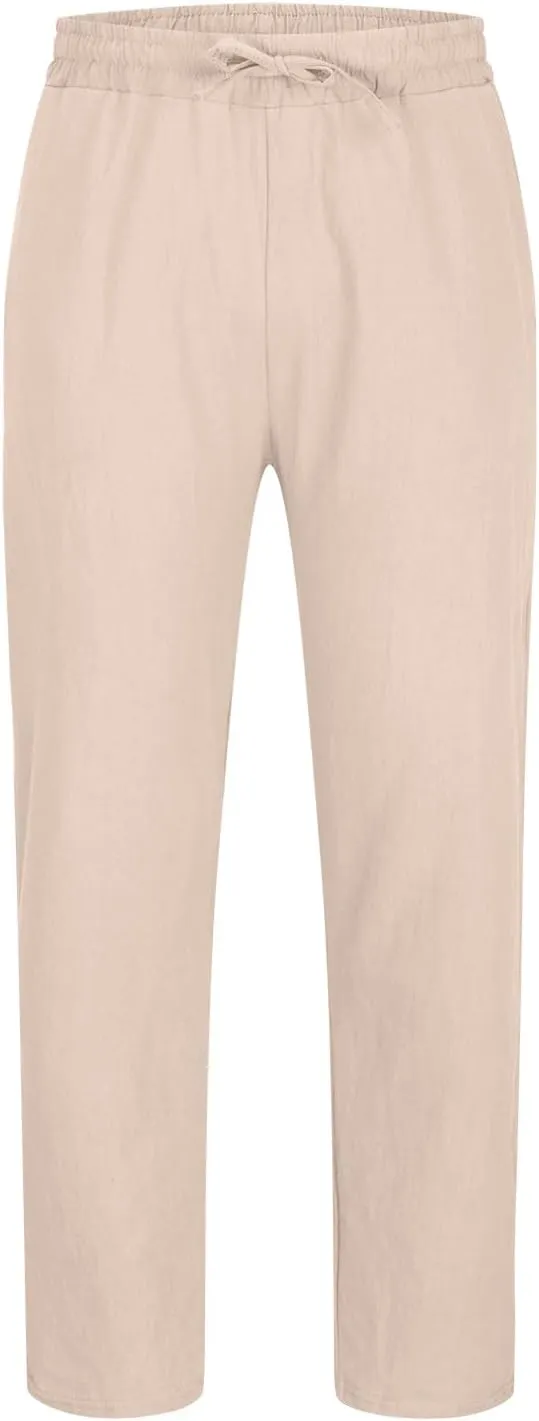 Men's Vintage Drawstring Casual Cotton Linen Pants Distressed Pleated Lightweight and Breathable Lounge Pants