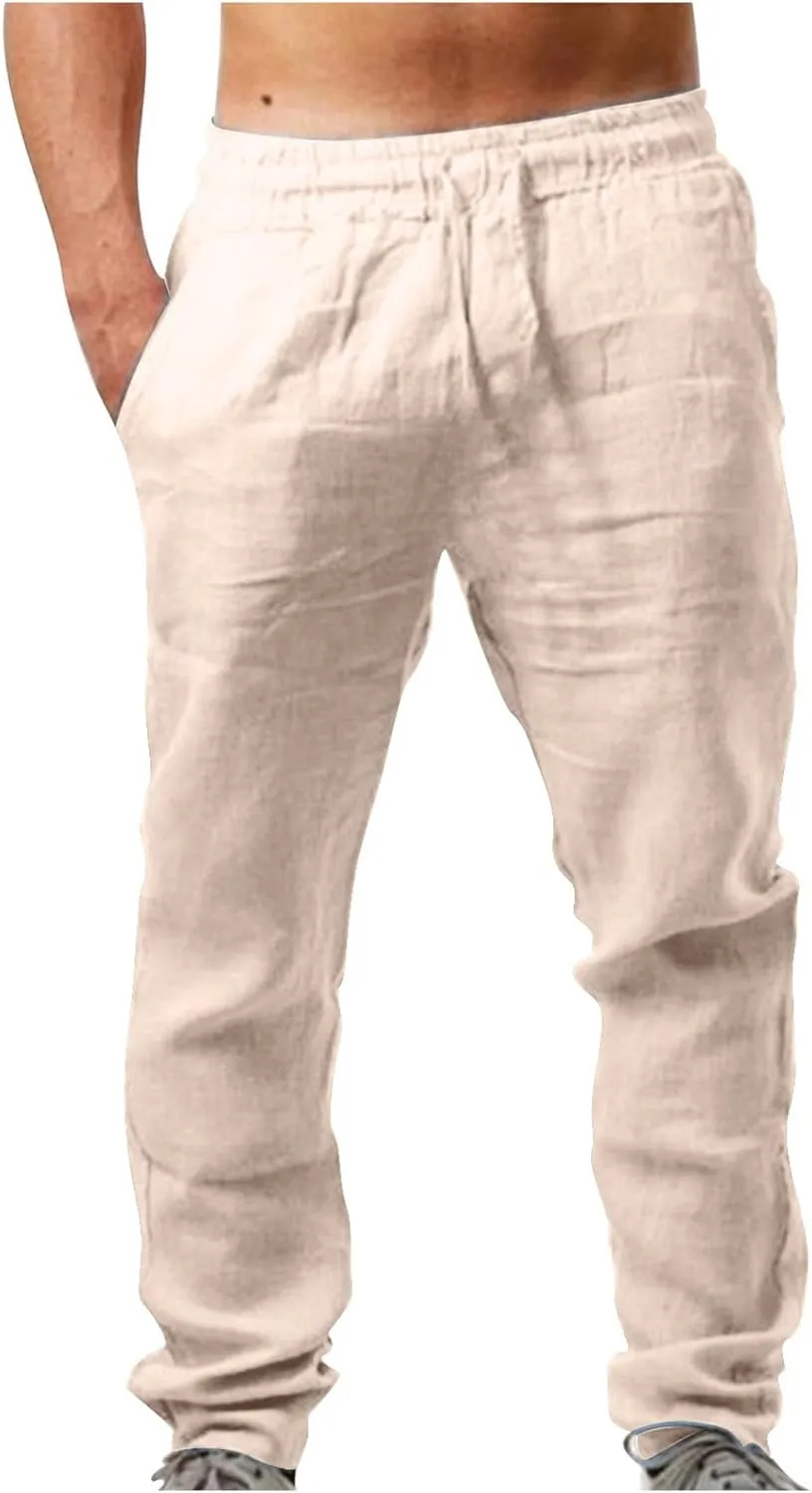 Men's Vintage Drawstring Casual Cotton Linen Pants Distressed Pleated Lightweight and Breathable Lounge Pants