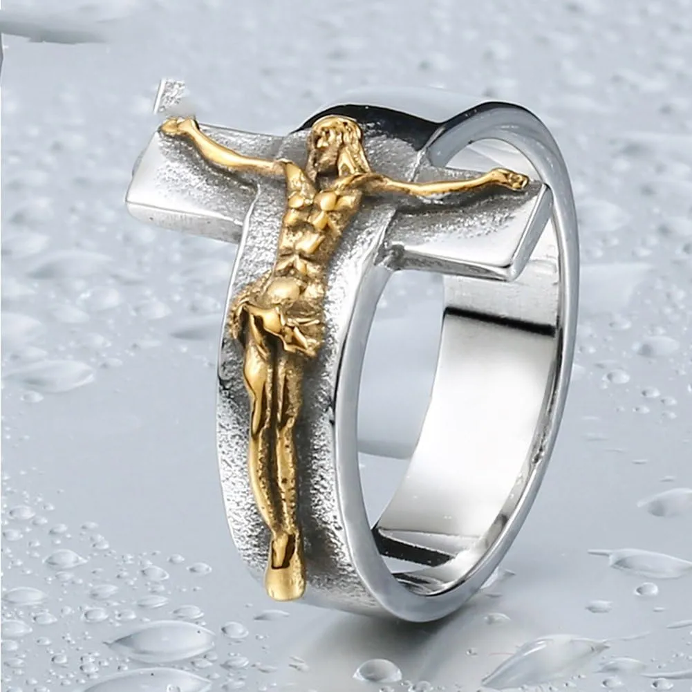 Men's Vintage Stainless Steel Jesus Cross Band Crucifix Ring,Silver Gold
