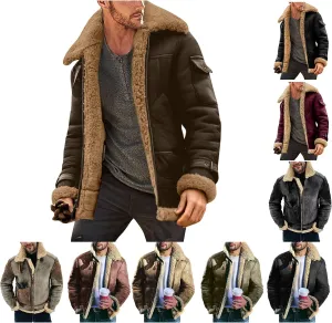 Mens Winter Jacket Faux Suede Aviator Bomber Jacket Warm Shearling Leather Coat Zip Up Vintage Motorcycle Coat for Men