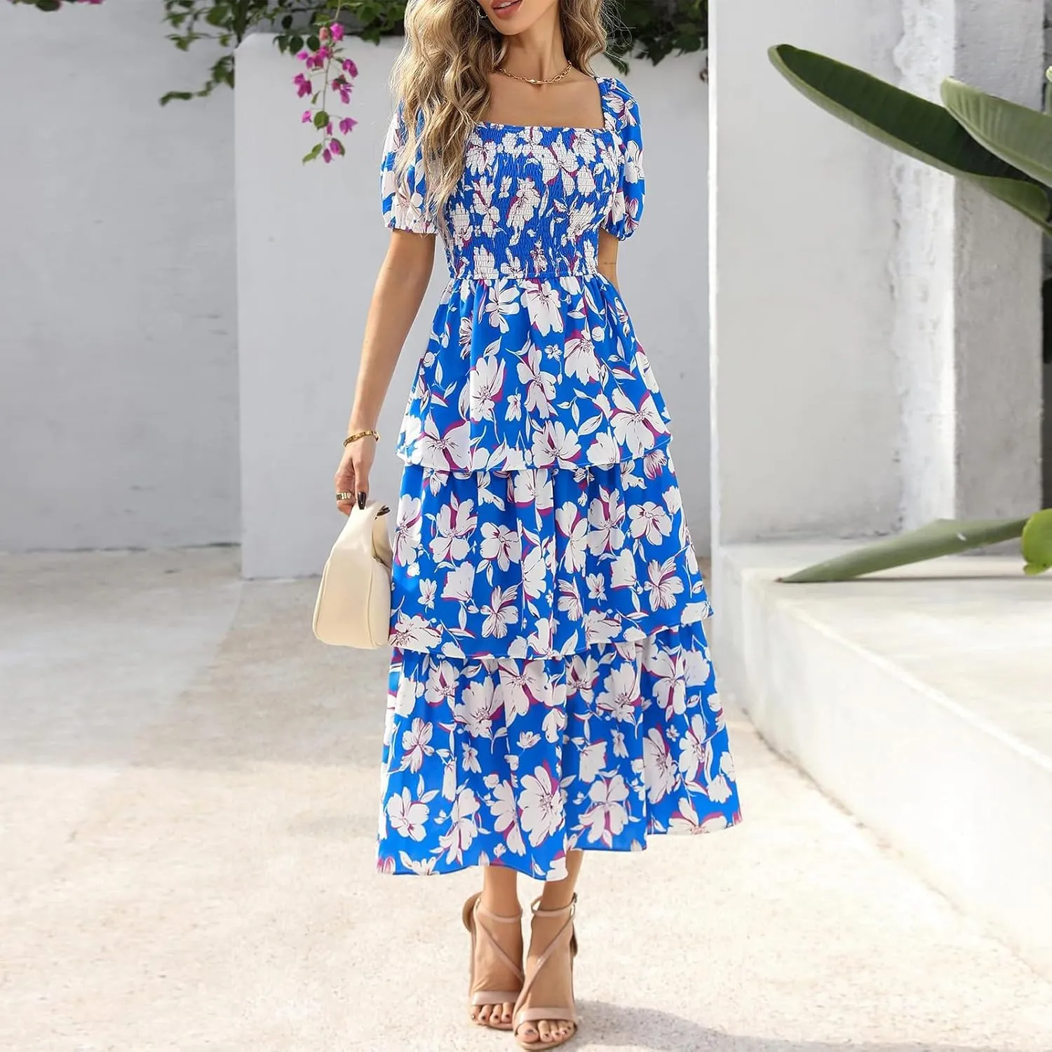 Midi Dresses for Women 2025 Smocked Floral Tiered Maxi Dress Empire Waist Casual Flowy Long Dresses with Sleeves