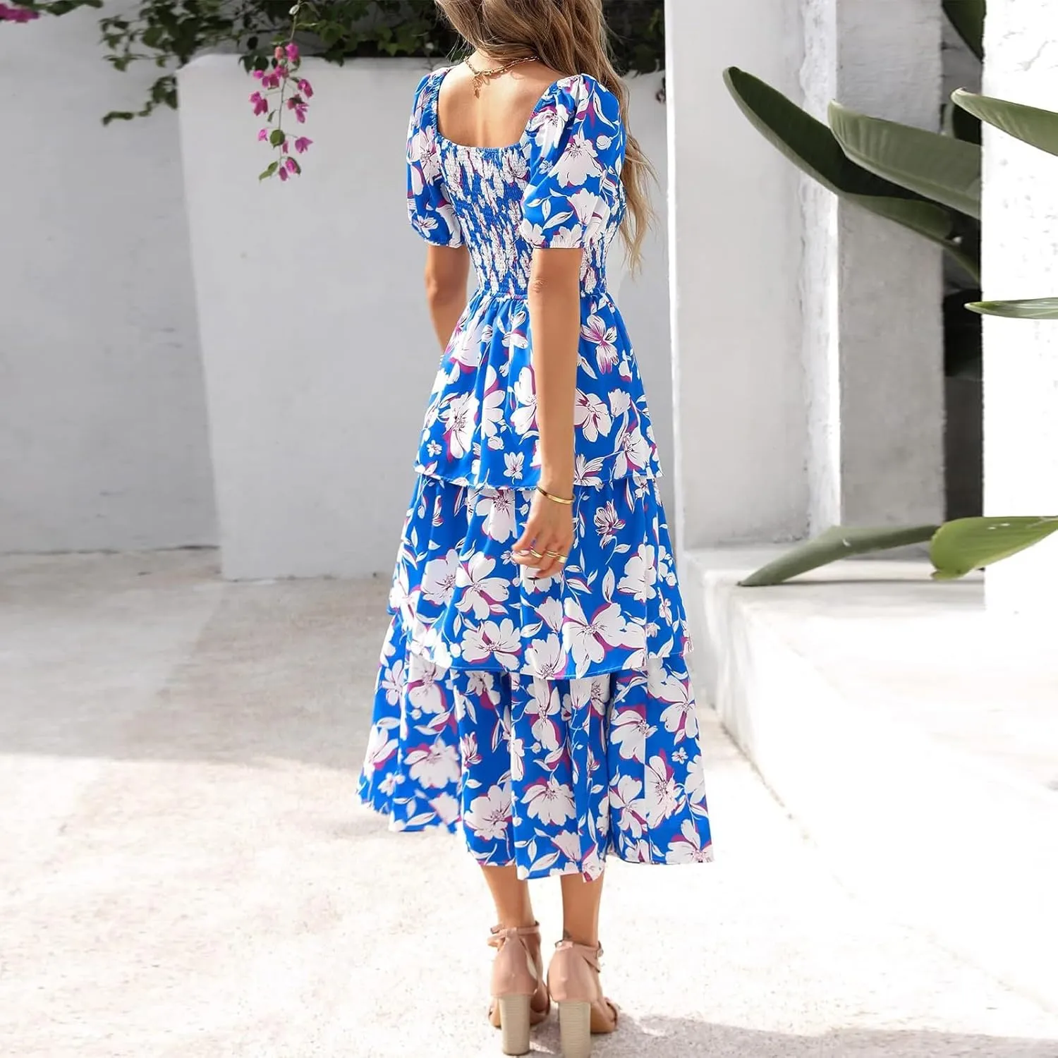 Midi Dresses for Women 2025 Smocked Floral Tiered Maxi Dress Empire Waist Casual Flowy Long Dresses with Sleeves