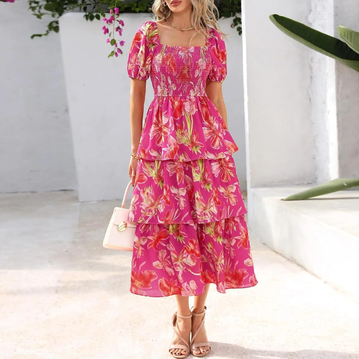Midi Dresses for Women 2025 Smocked Floral Tiered Maxi Dress Empire Waist Casual Flowy Long Dresses with Sleeves