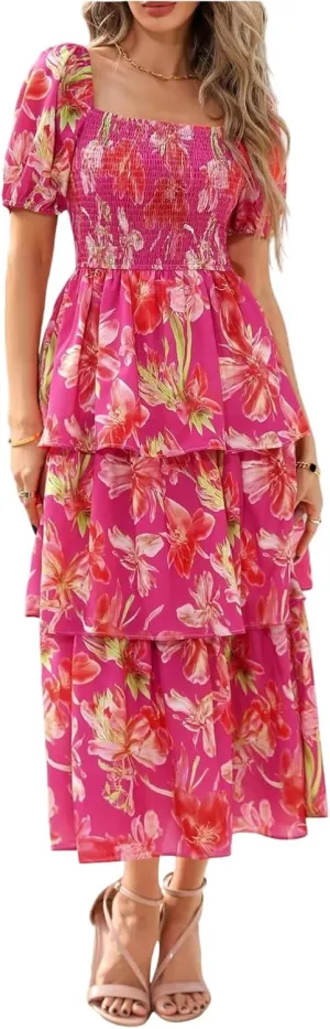 Midi Dresses for Women 2025 Smocked Floral Tiered Maxi Dress Empire Waist Casual Flowy Long Dresses with Sleeves