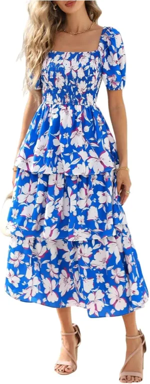 Midi Dresses for Women 2025 Smocked Floral Tiered Maxi Dress Empire Waist Casual Flowy Long Dresses with Sleeves