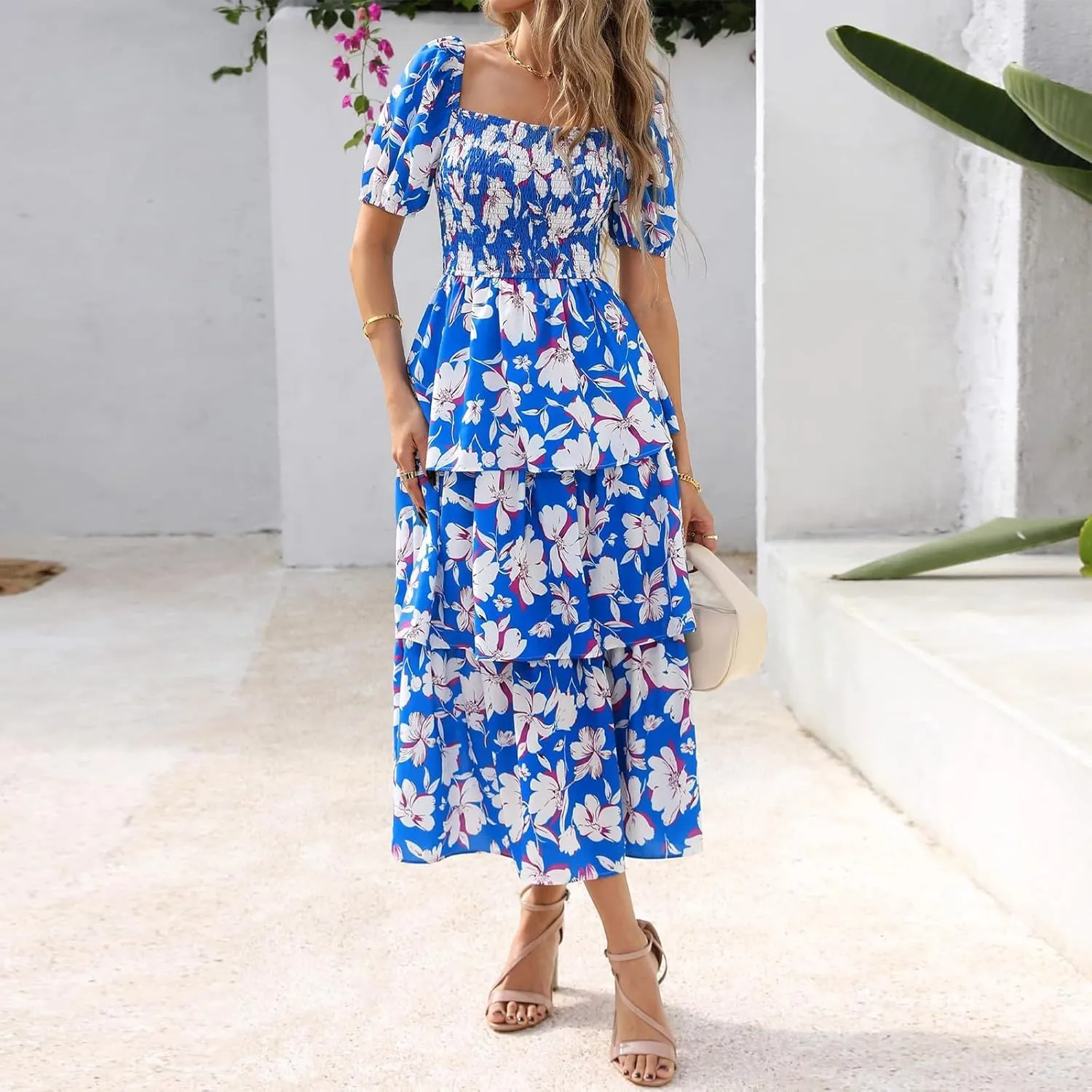 Midi Dresses for Women 2025 Smocked Floral Tiered Maxi Dress Empire Waist Casual Flowy Long Dresses with Sleeves