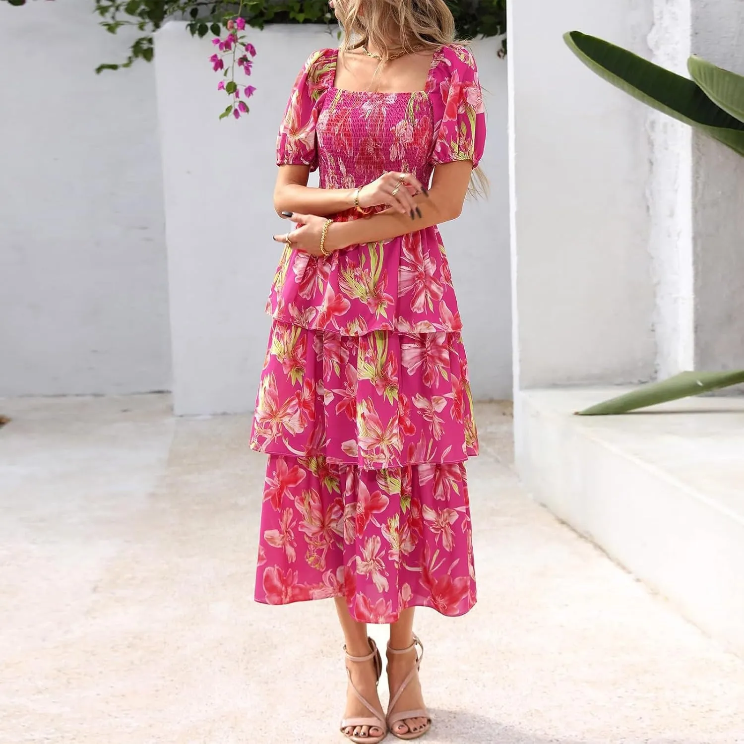 Midi Dresses for Women 2025 Smocked Floral Tiered Maxi Dress Empire Waist Casual Flowy Long Dresses with Sleeves
