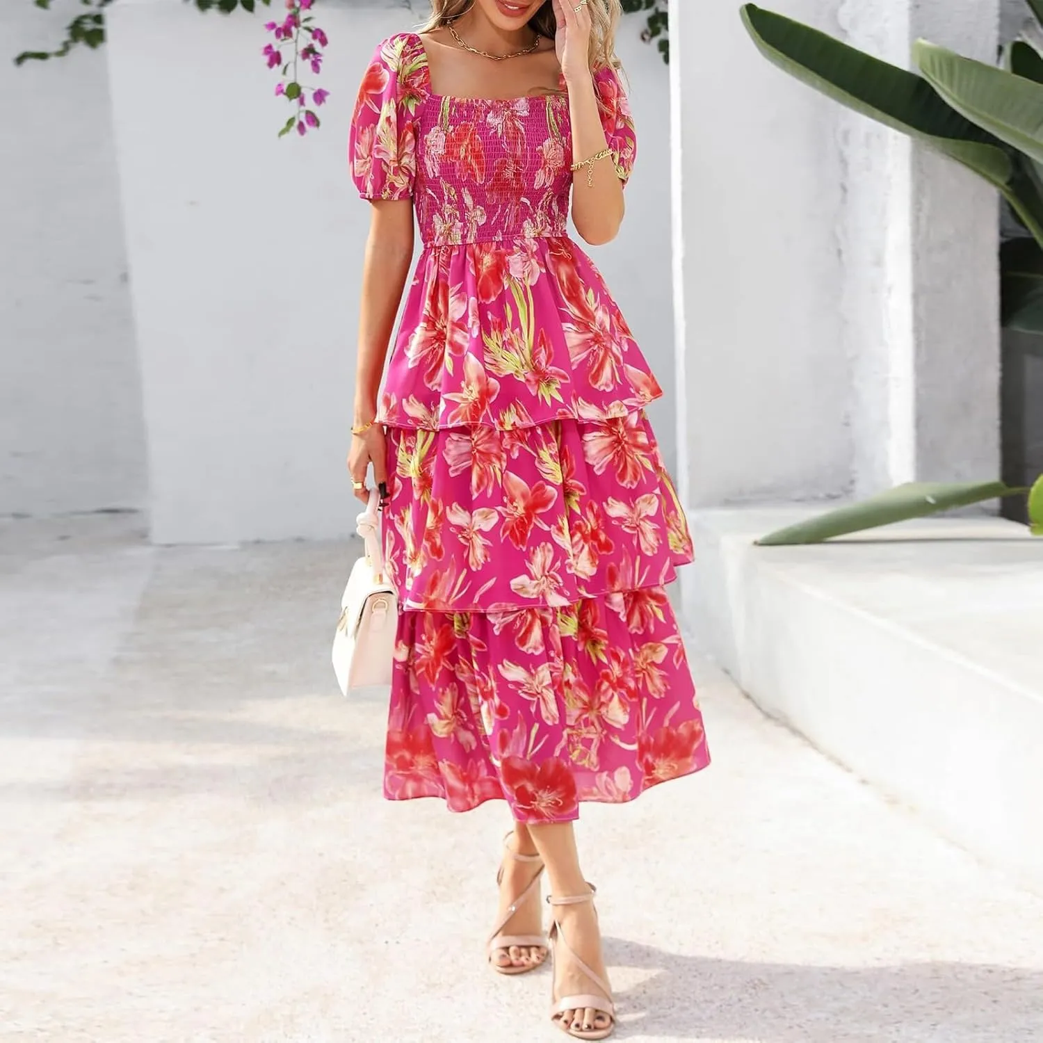 Midi Dresses for Women 2025 Smocked Floral Tiered Maxi Dress Empire Waist Casual Flowy Long Dresses with Sleeves