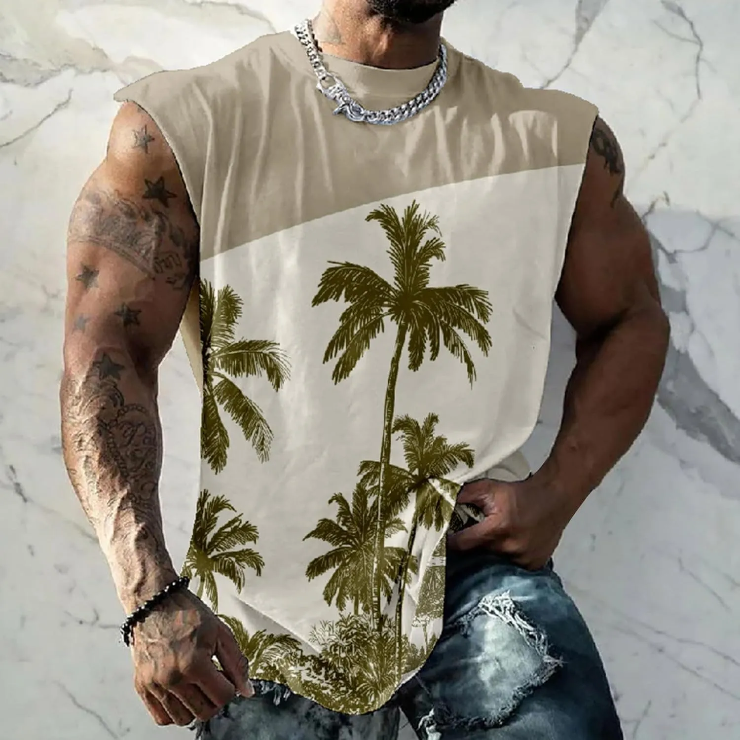 Muscularfit Funny Print Graphic Tee Shirts Mens Summer Casual Loose Sleeveless Crew Neck Tank Tops Hawaiian Beach Vest Shirts