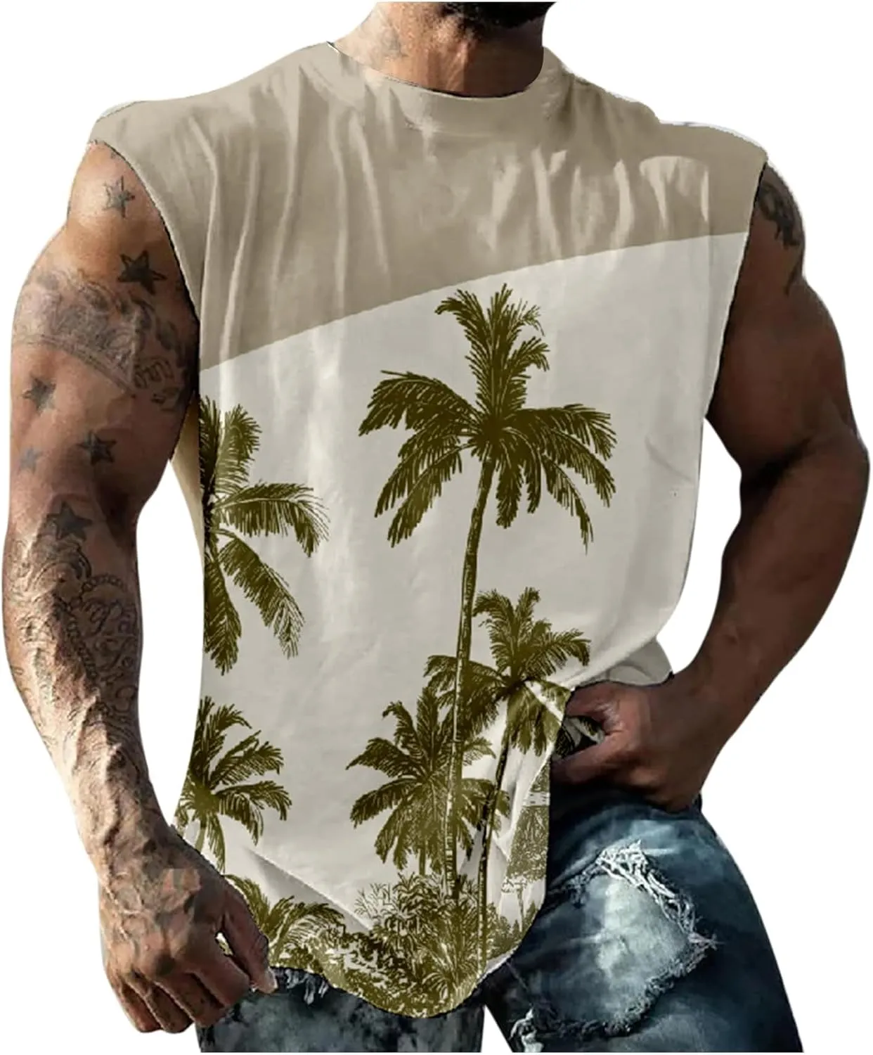 Muscularfit Funny Print Graphic Tee Shirts Mens Summer Casual Loose Sleeveless Crew Neck Tank Tops Hawaiian Beach Vest Shirts