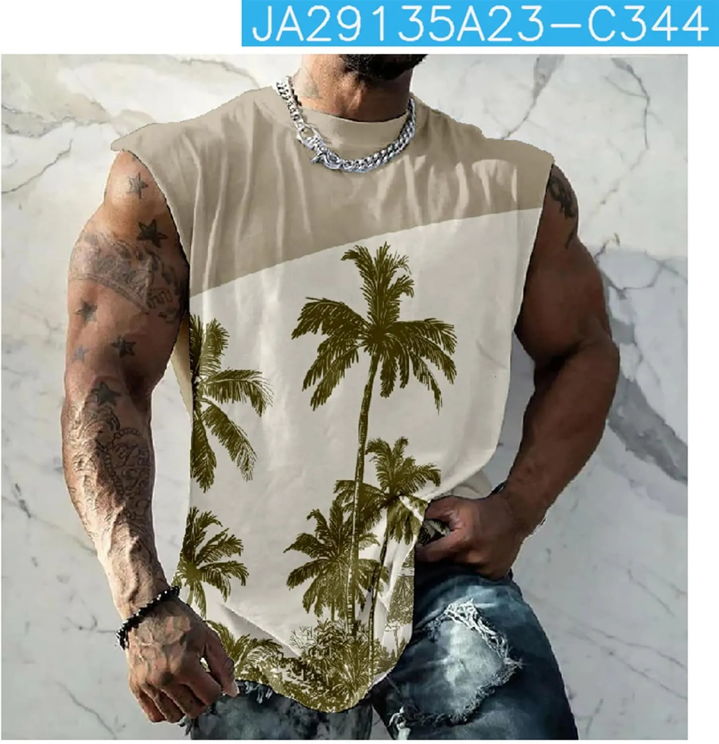 Muscularfit Funny Print Graphic Tee Shirts Mens Summer Casual Loose Sleeveless Crew Neck Tank Tops Hawaiian Beach Vest Shirts