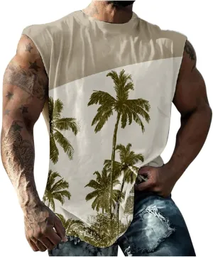 Muscularfit Funny Print Graphic Tee Shirts Mens Summer Casual Loose Sleeveless Crew Neck Tank Tops Hawaiian Beach Vest Shirts