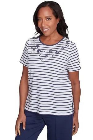 Nantucket Striped Rhinestone Floral Tee
