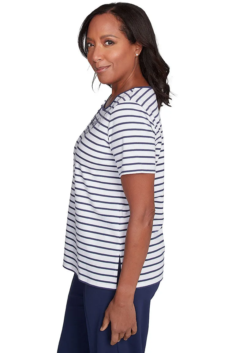 Nantucket Striped Rhinestone Floral Tee
