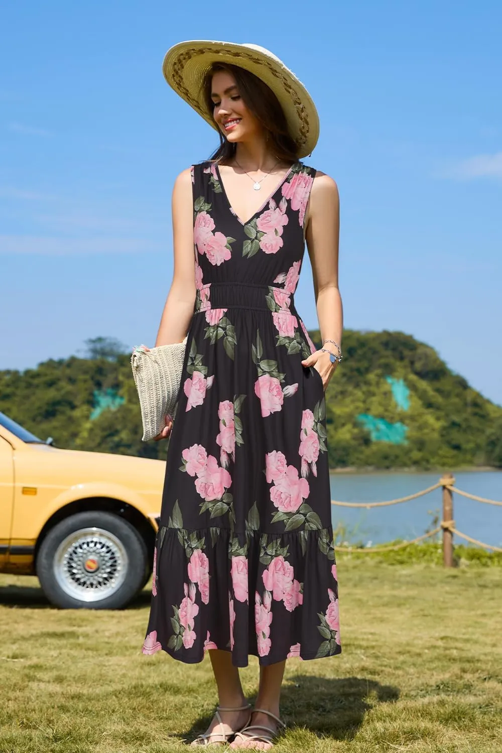 Newshows Women's 2025 Summer Dress Vacation V Neck Sleeveless Midi Dress Tiered Tank Swing Sundress with Pockets