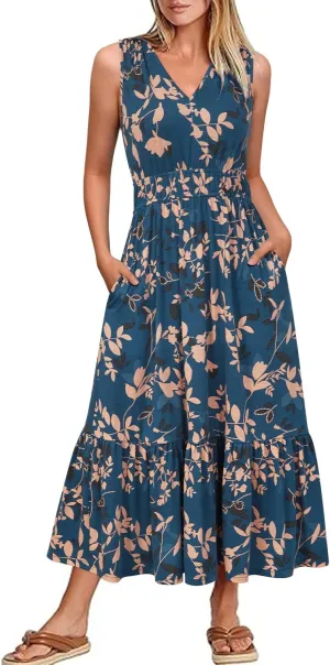 Newshows Women's 2025 Summer Dress Vacation V Neck Sleeveless Midi Dress Tiered Tank Swing Sundress with Pockets