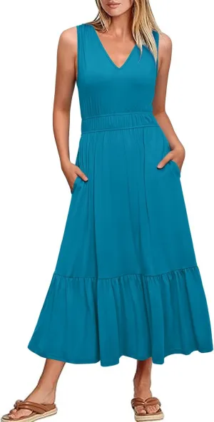 Newshows Women's 2025 Summer Dress Vacation V Neck Sleeveless Midi Dress Tiered Tank Swing Sundress with Pockets