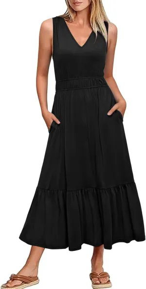 Newshows Women's 2025 Summer Dress Vacation V Neck Sleeveless Midi Dress Tiered Tank Swing Sundress with Pockets
