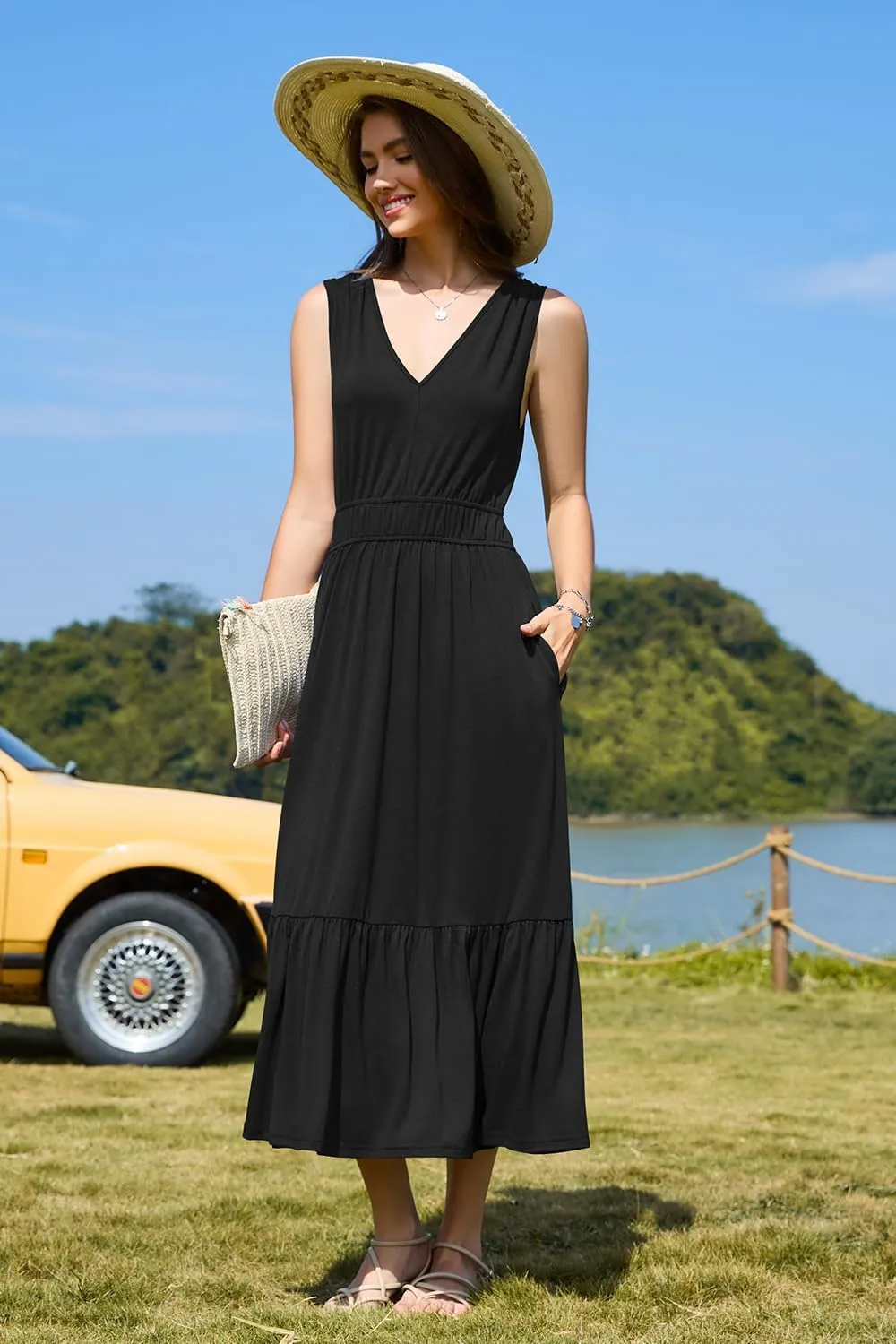 Newshows Women's 2025 Summer Dress Vacation V Neck Sleeveless Midi Dress Tiered Tank Swing Sundress with Pockets