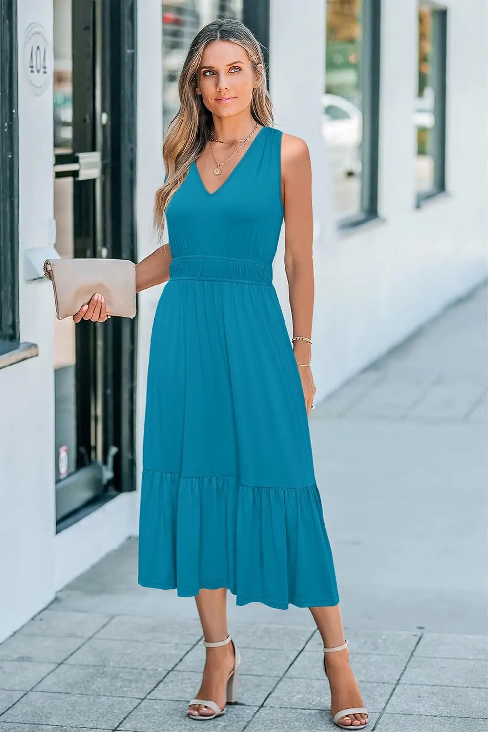 Newshows Women's 2025 Summer Dress Vacation V Neck Sleeveless Midi Dress Tiered Tank Swing Sundress with Pockets