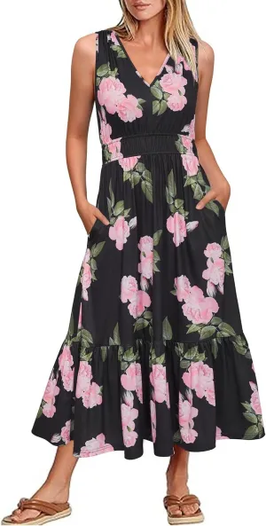 Newshows Women's 2025 Summer Dress Vacation V Neck Sleeveless Midi Dress Tiered Tank Swing Sundress with Pockets