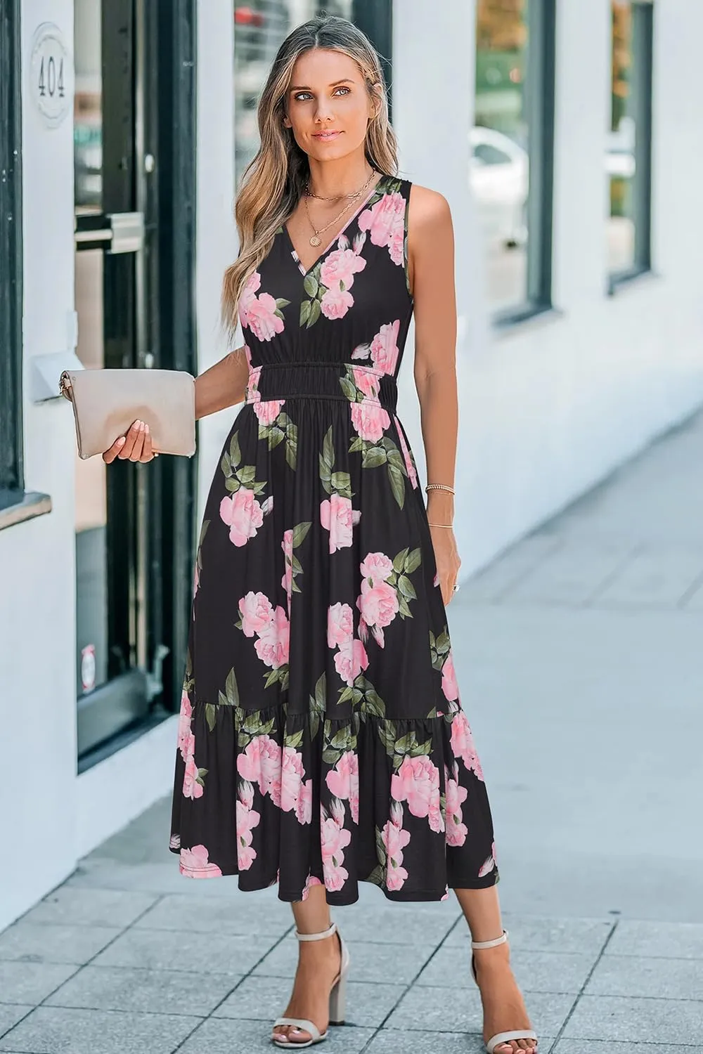 Newshows Women's 2025 Summer Dress Vacation V Neck Sleeveless Midi Dress Tiered Tank Swing Sundress with Pockets