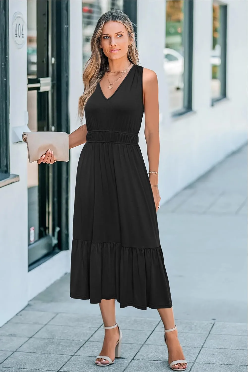 Newshows Women's 2025 Summer Dress Vacation V Neck Sleeveless Midi Dress Tiered Tank Swing Sundress with Pockets