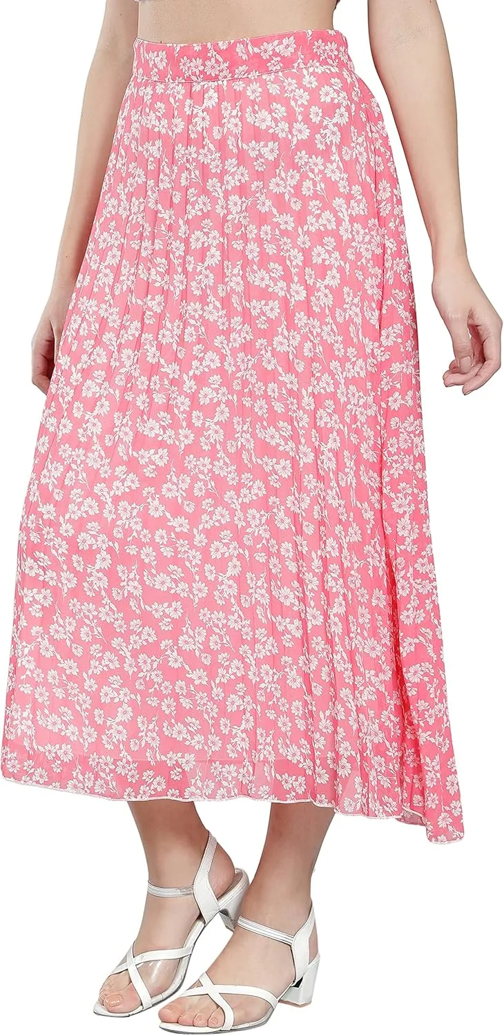 NUEVOSDAMAS Women's Ditsy Floral Print High Waist Skirt Pleated A-line Long Skirt Beach Elasticated Midi Skirt