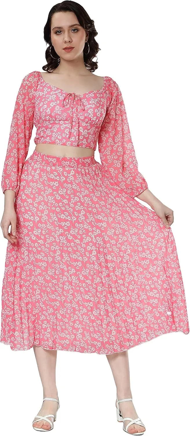 NUEVOSDAMAS Women's Ditsy Floral Print High Waist Skirt Pleated A-line Long Skirt Beach Elasticated Midi Skirt