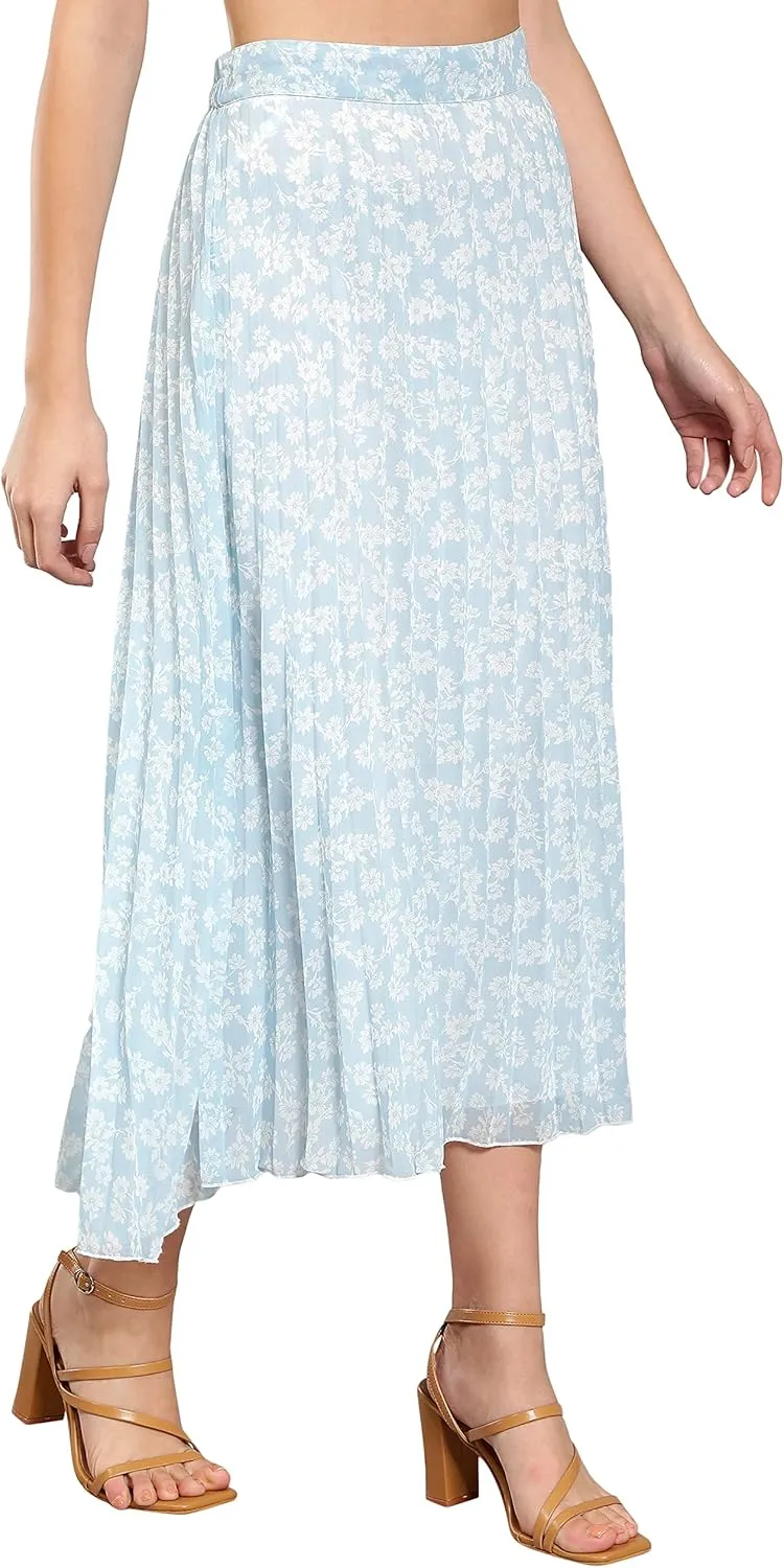NUEVOSDAMAS Women's Ditsy Floral Print High Waist Skirt Pleated A-line Long Skirt Beach Elasticated Midi Skirt