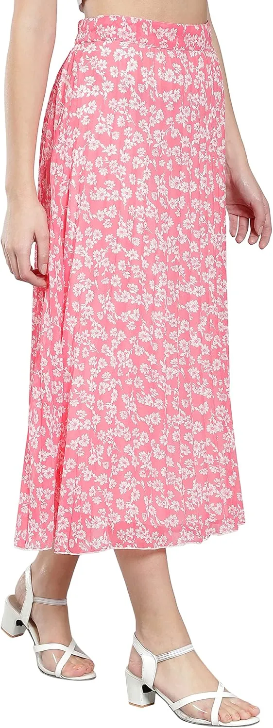 NUEVOSDAMAS Women's Ditsy Floral Print High Waist Skirt Pleated A-line Long Skirt Beach Elasticated Midi Skirt