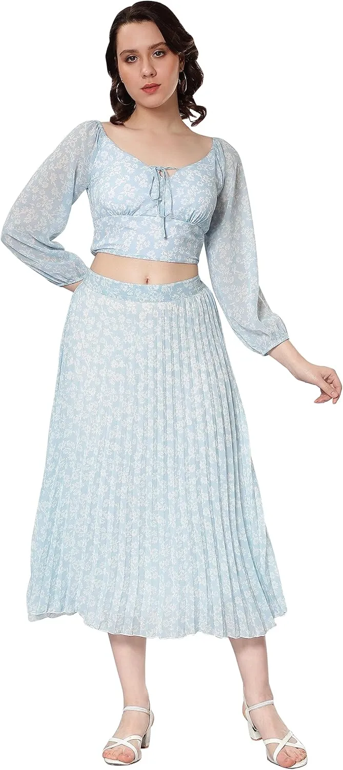 NUEVOSDAMAS Women's Ditsy Floral Print High Waist Skirt Pleated A-line Long Skirt Beach Elasticated Midi Skirt