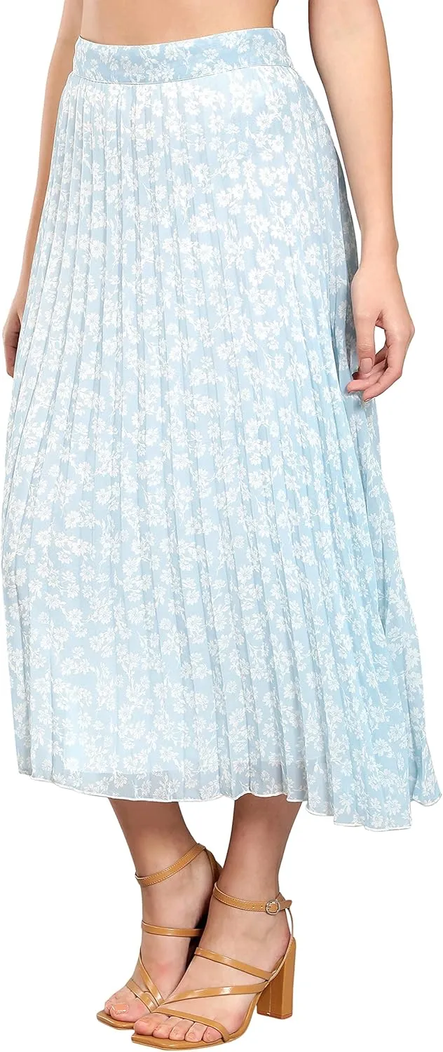 NUEVOSDAMAS Women's Ditsy Floral Print High Waist Skirt Pleated A-line Long Skirt Beach Elasticated Midi Skirt