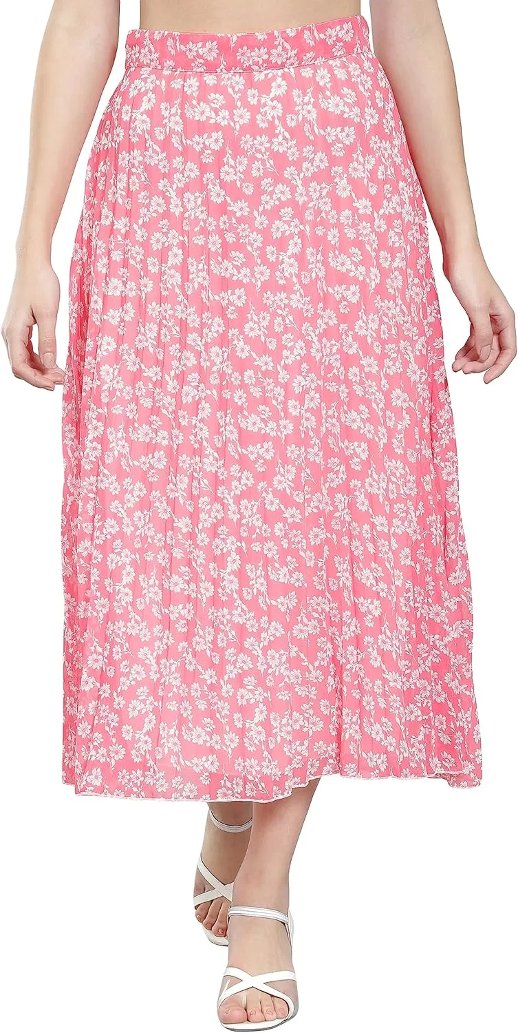 NUEVOSDAMAS Women's Ditsy Floral Print High Waist Skirt Pleated A-line Long Skirt Beach Elasticated Midi Skirt