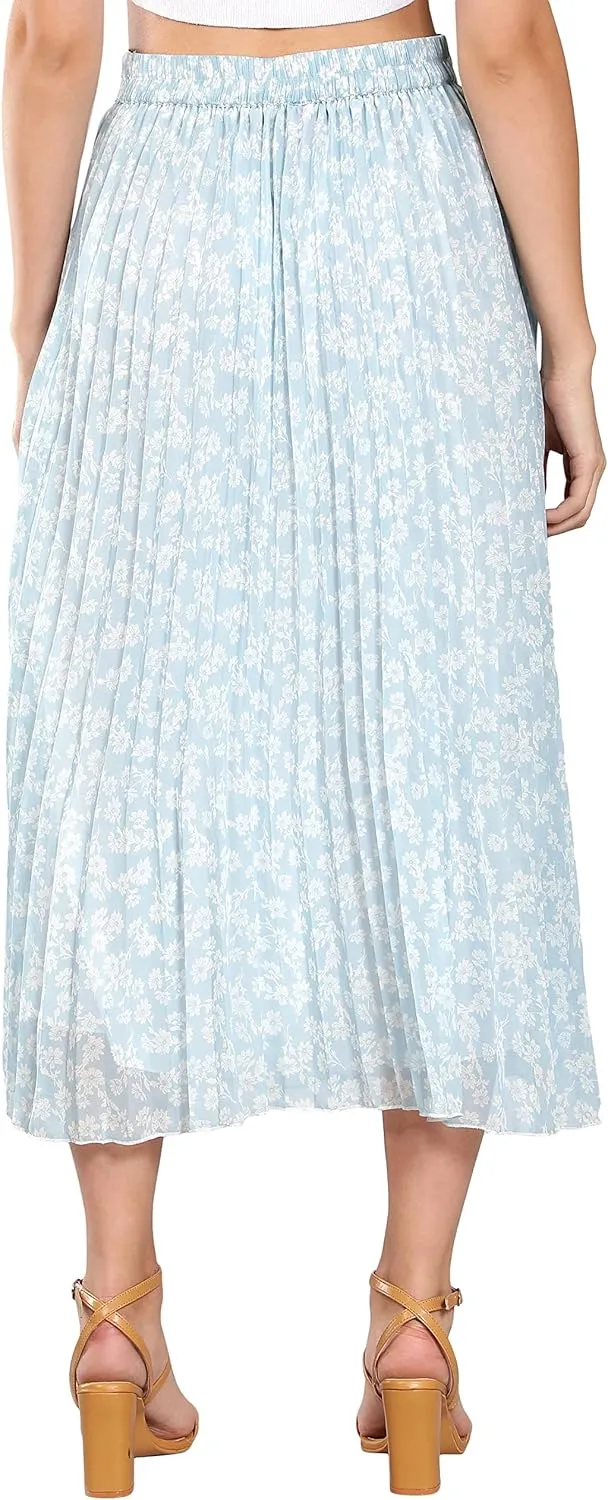 NUEVOSDAMAS Women's Ditsy Floral Print High Waist Skirt Pleated A-line Long Skirt Beach Elasticated Midi Skirt