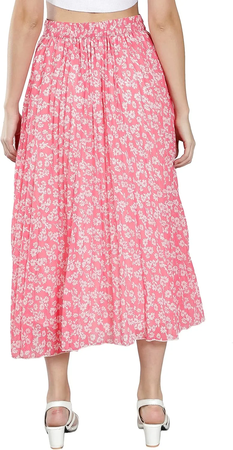 NUEVOSDAMAS Women's Ditsy Floral Print High Waist Skirt Pleated A-line Long Skirt Beach Elasticated Midi Skirt